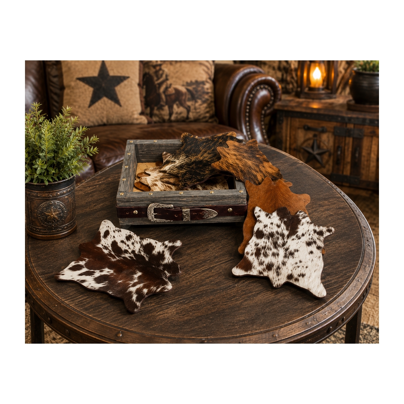 Western Cowhide “Cowsters” Coaster Set
